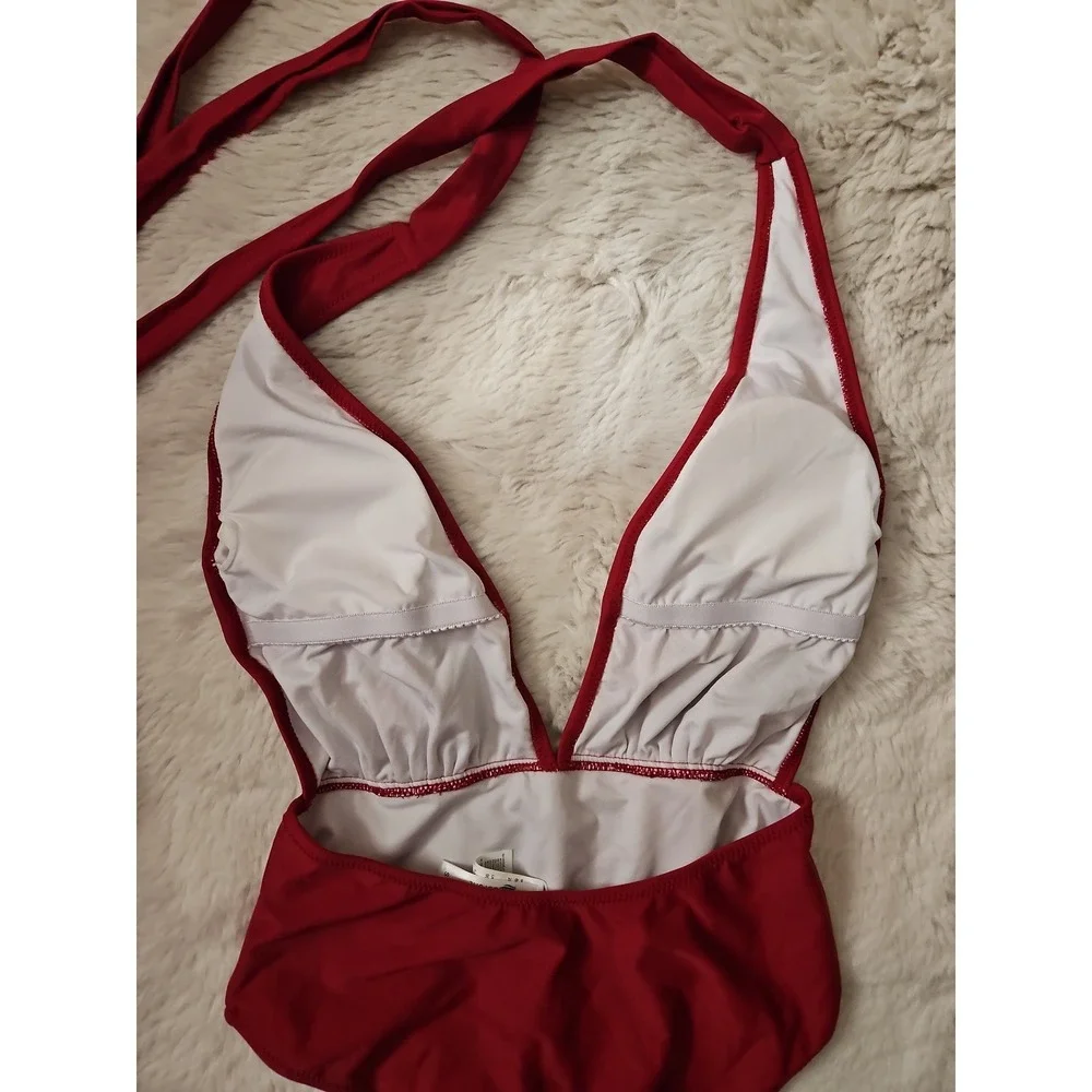 CUPSHE Maroon Red Plunge V-Neck Halter One-Piece Swimsuit Size Small S